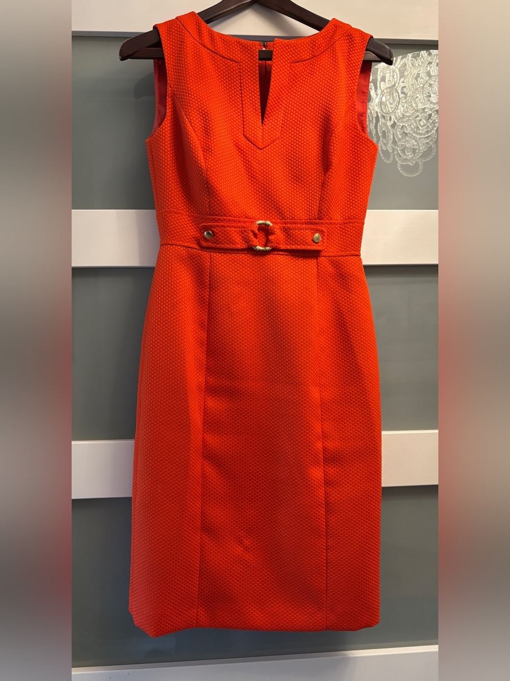 Tahari Persimmon Orange Textured Sheath Dress Size 2 Lined